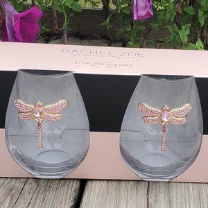 NWT in the Box!! Set of 2 Pink Dragonfly Rachel Zoe 19oz Wine Glasses!!